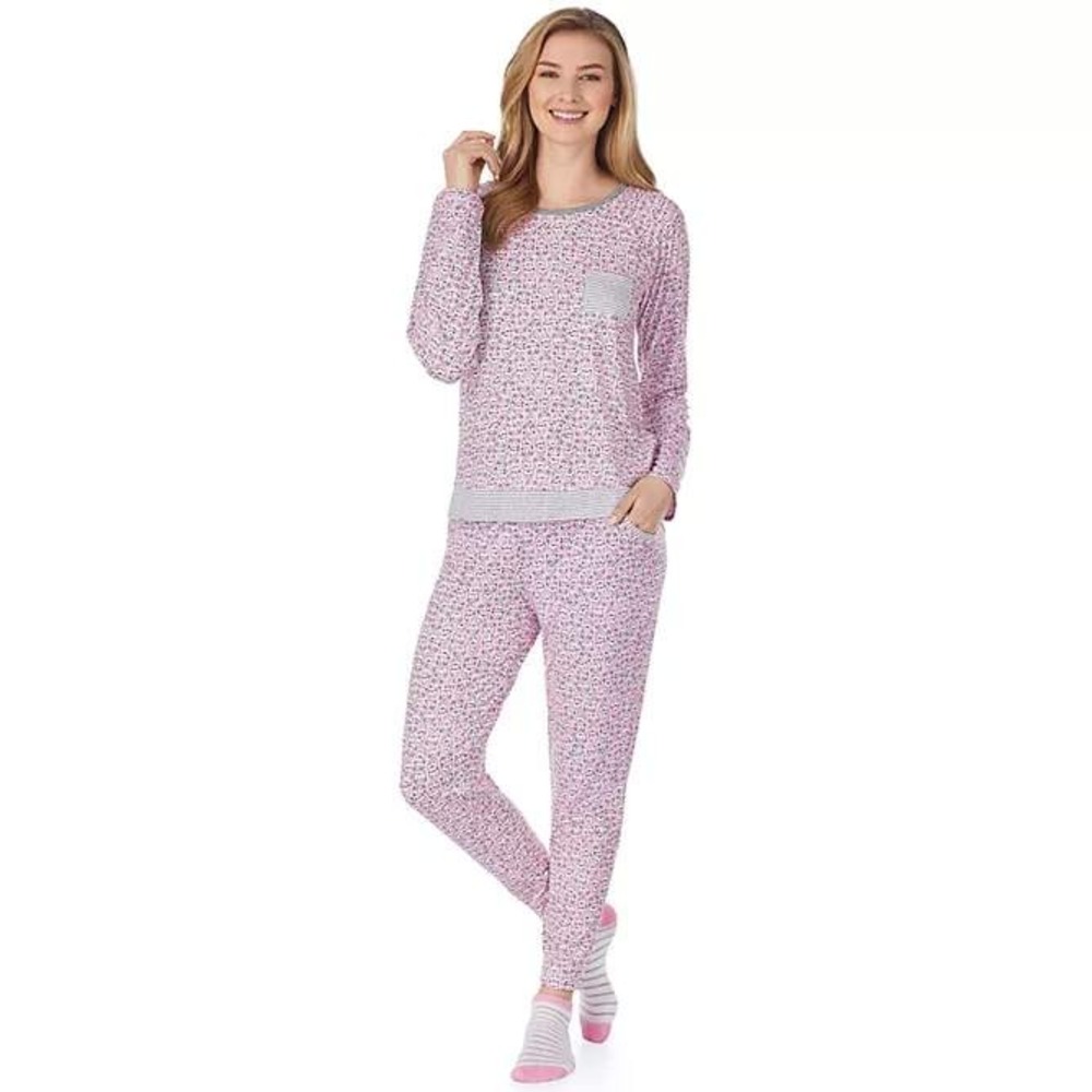 Cuddl Duds Womens XXL Pink Cat Print Pajama Set Long Sleeve Top Joggers PJs